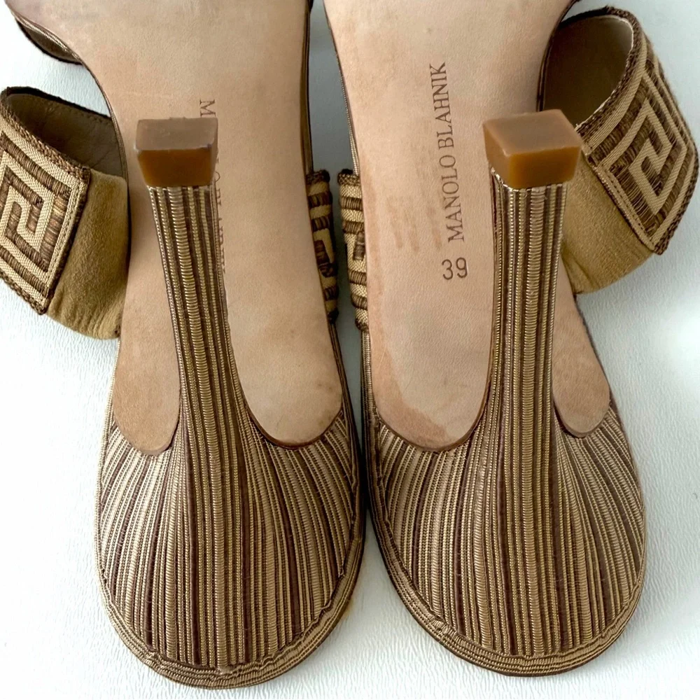 MANOLO BLAHNIK | Y2K Woven Greek Key Mule Heels Brown EU 39 Italy